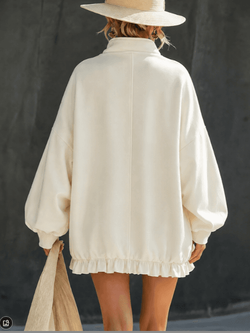 Mi Bai Half Zipper Stand Up Collar Large Pocket Black Fungus Edge Short Hoodie Skirt