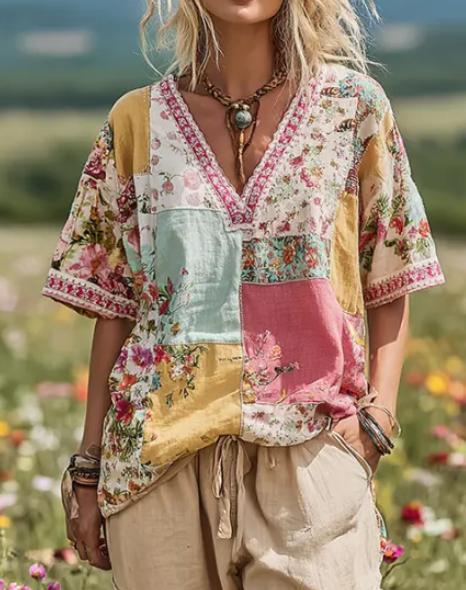 Retro Color-blocked Casual V-neck Mid-sleeve Top