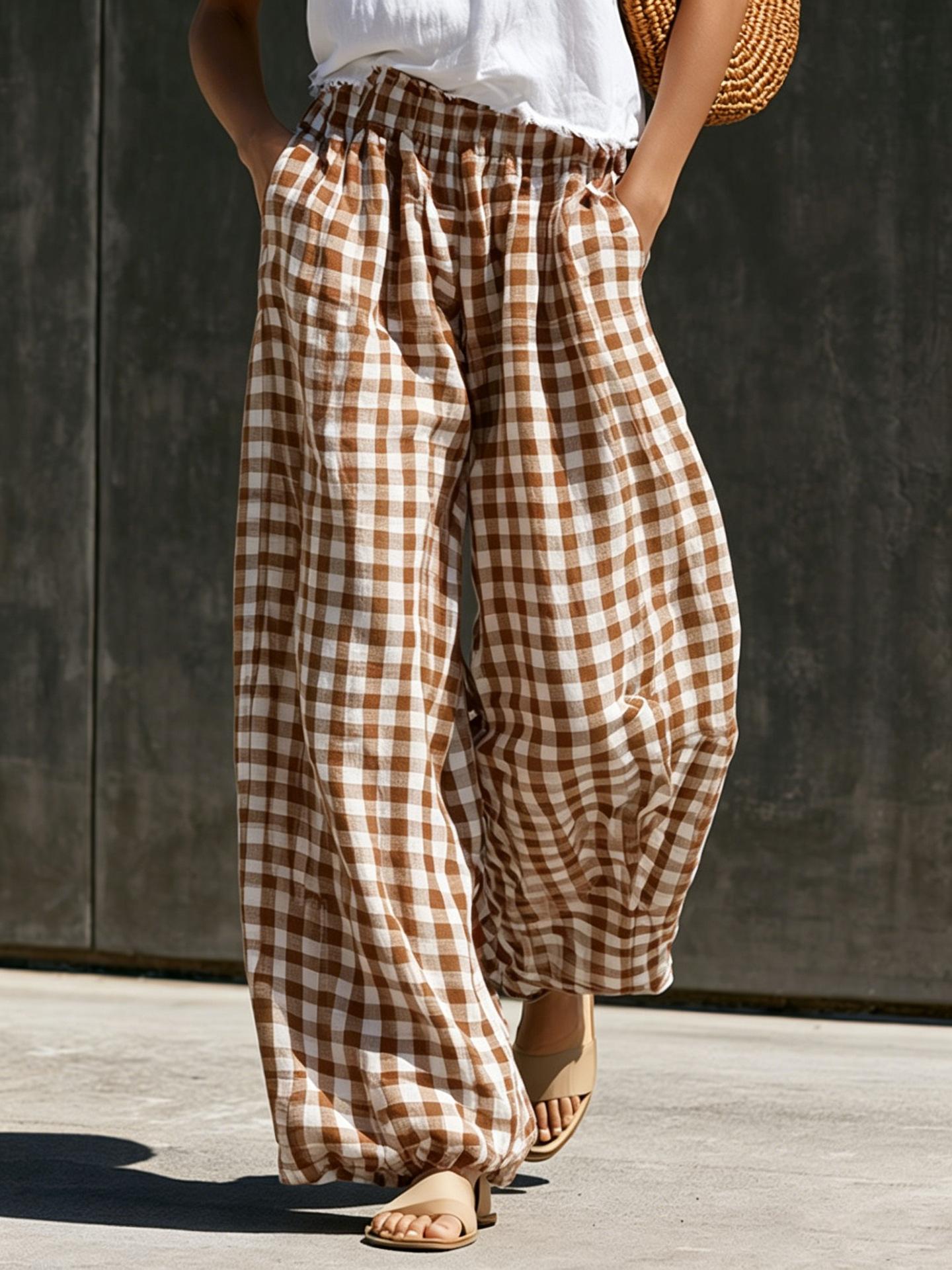 Womens Casual Retro Large-check High-waisted Loose-fit Wide-leg Trousers