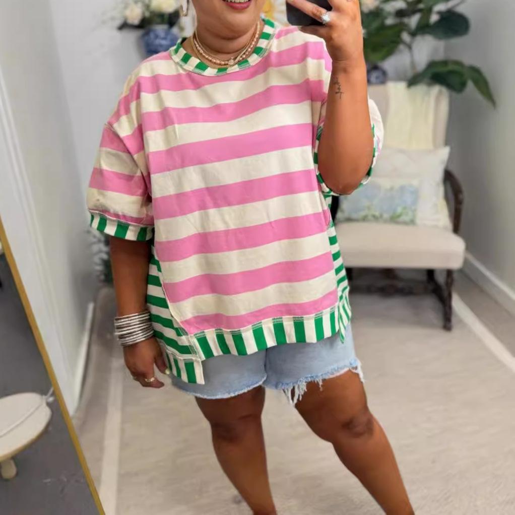 Womens Loose Casual Striped Patchwork Top
