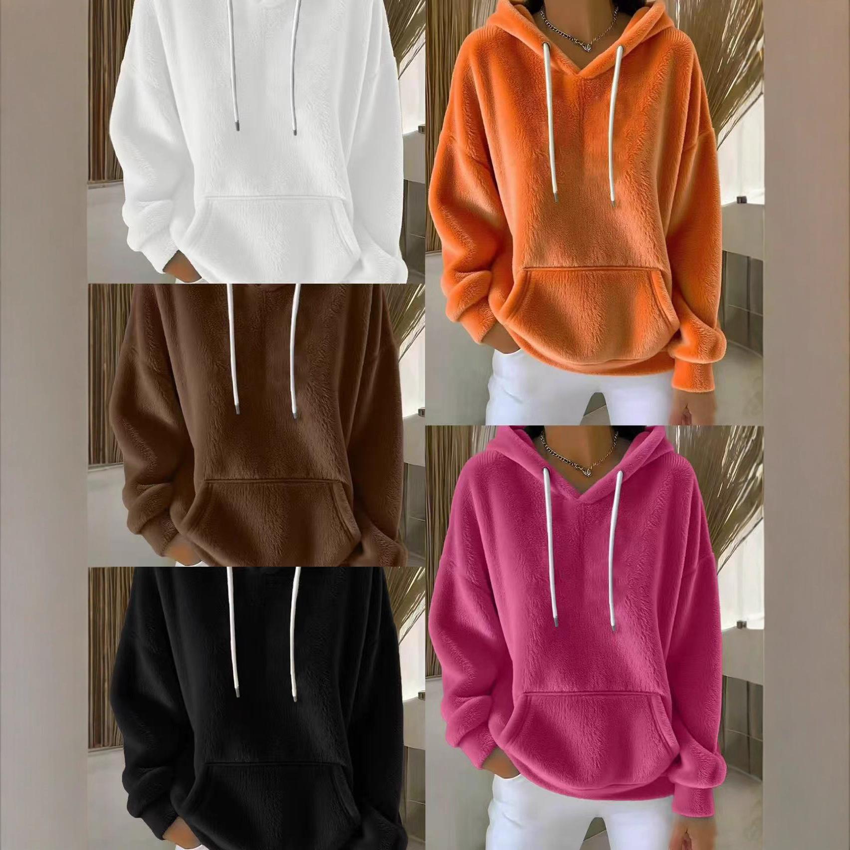 Women's Solid Color Lamb Fleece Lined Versatile Sweatshirt For Autumn And Winter