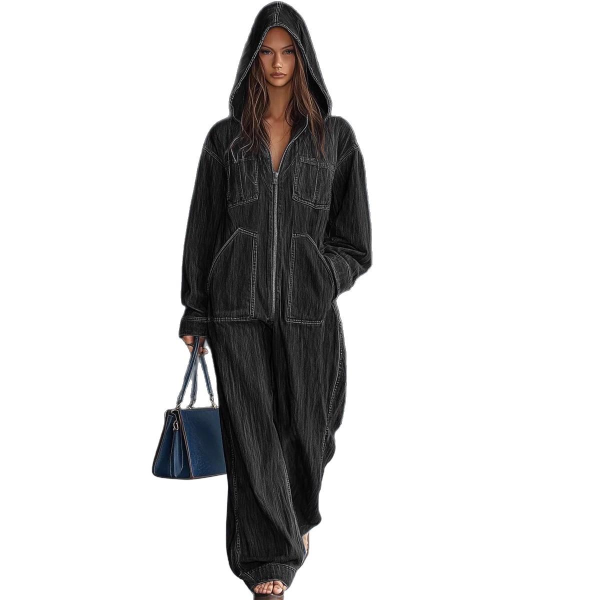 European And American Hooded Overall Jeans Women