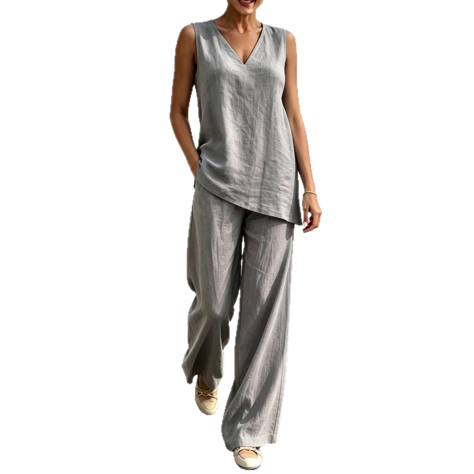 Womens V-neck Sleeveless Cotton-Linen Top And Wide-Leg Pants Set