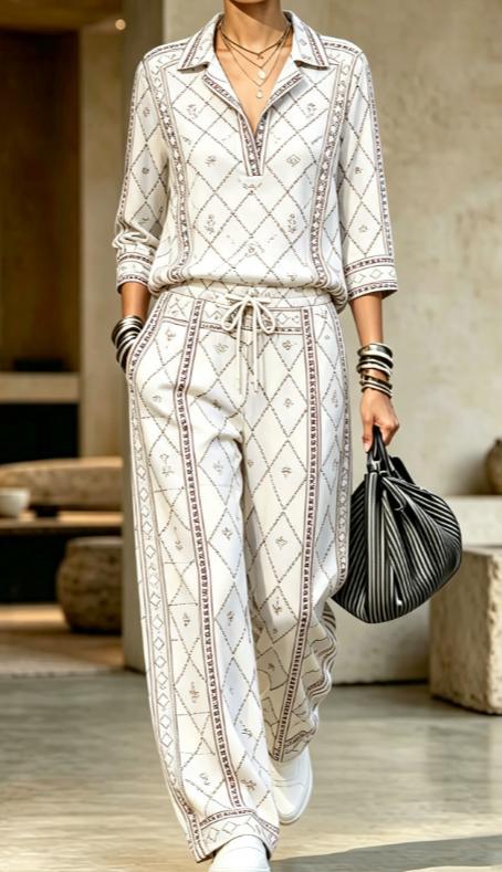 Womens Summer Lapel-Neck Cropped-Sleeve Set