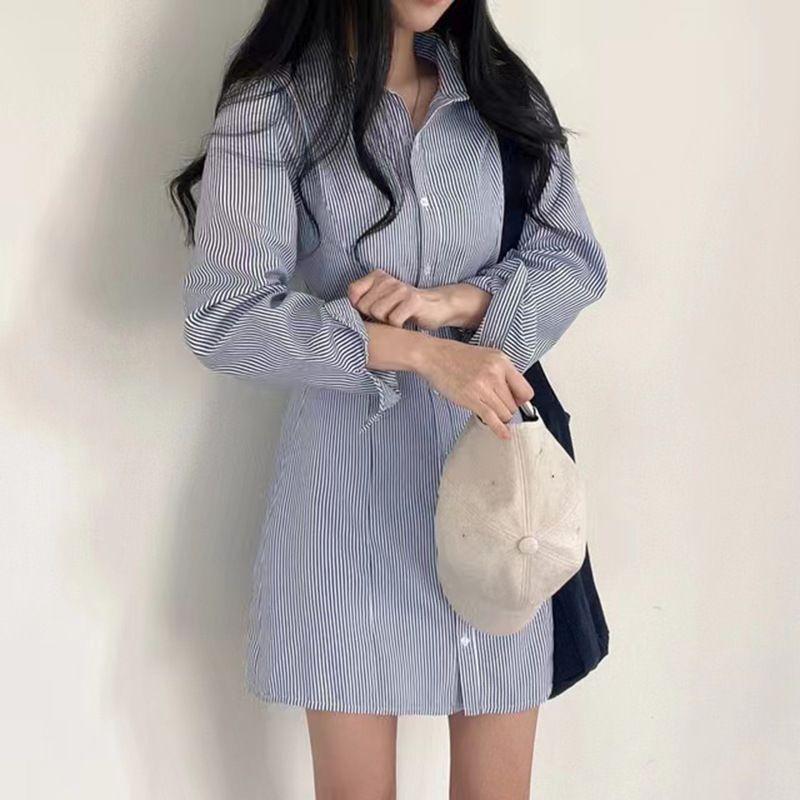 Striped Long-sleeved Shirt Dress Women's Single-breasted Skirt