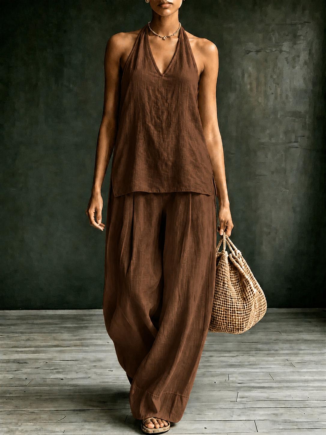 Women's Halter Neck V-Neck Sleeveless Casual Set
