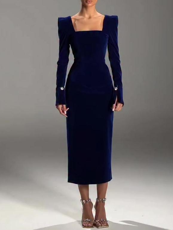 Navy Velvet Square Neck Midi Dress