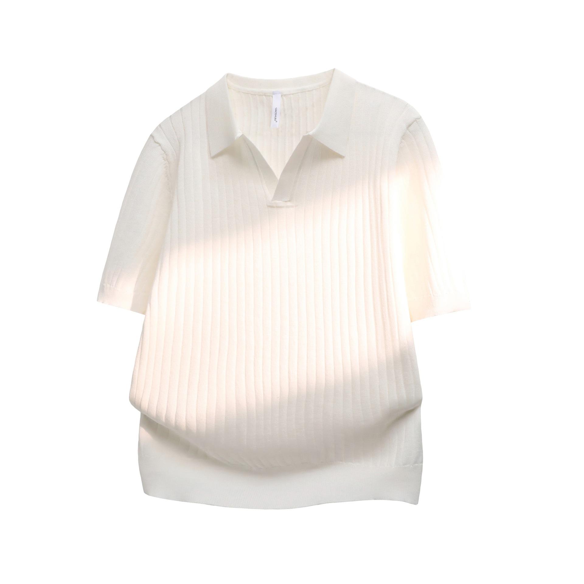 Notch-collar Striped Half-zip Knit T-shirt