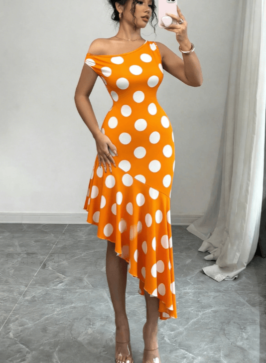 French-style Elegant Floral Print Off-shoulder Asymmetrical Fishtail Dress For Women
