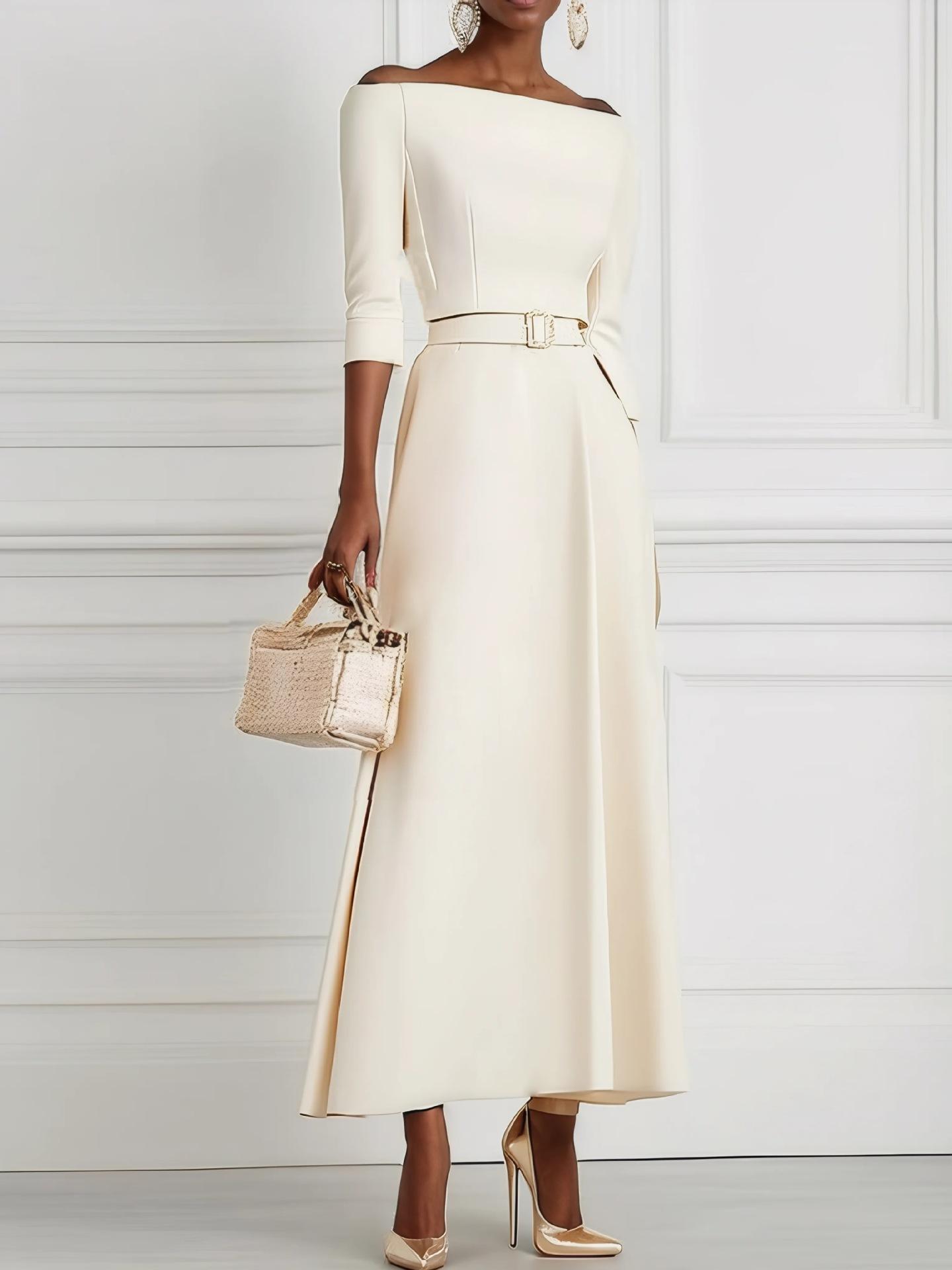 Solid Color Fashion Temperament Waist-controlled Off-shoulder Dress For Women