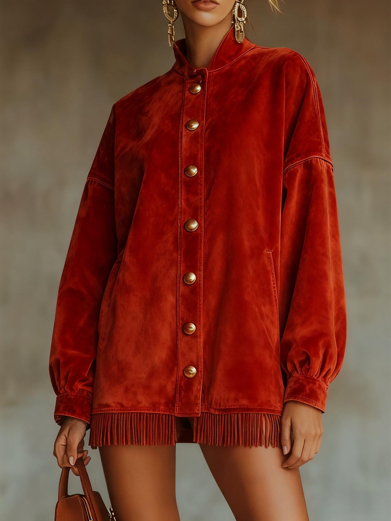 Velvet Fringed Hem Casual Stand-up Collar Button-down Loose Sweatshirt Dress
