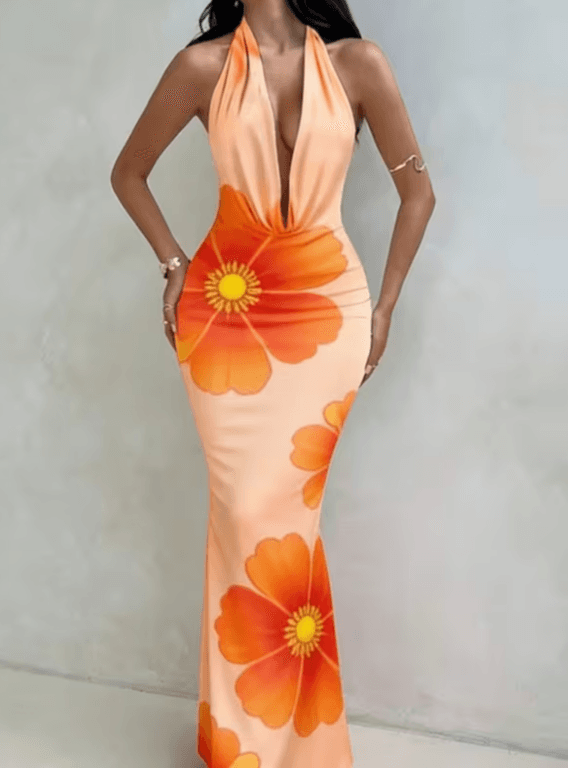 Floral Print Bodycon Sleeveless Backless Halter Neck Dress