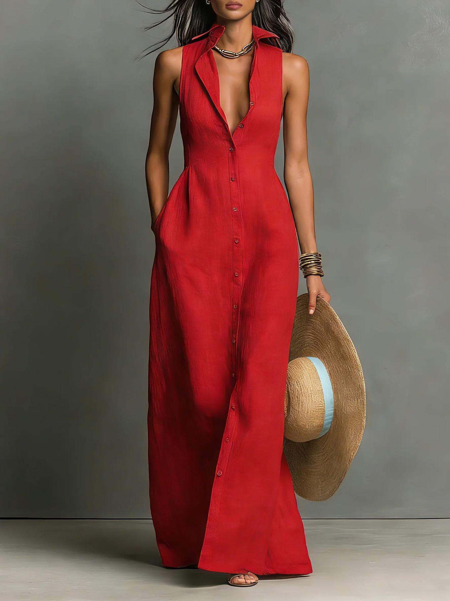 New European & American Style Button-Detail Sleeveless Shirt Collar Dress