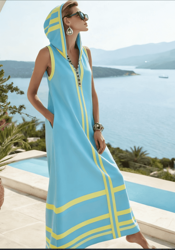 Striped Hooded Sleeveless Vacation Style Long Dress