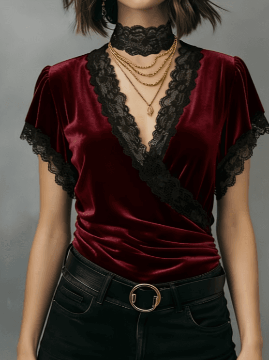 Lace-trimmed V-neck Women's Long-sleeved Slim-fit Shirt