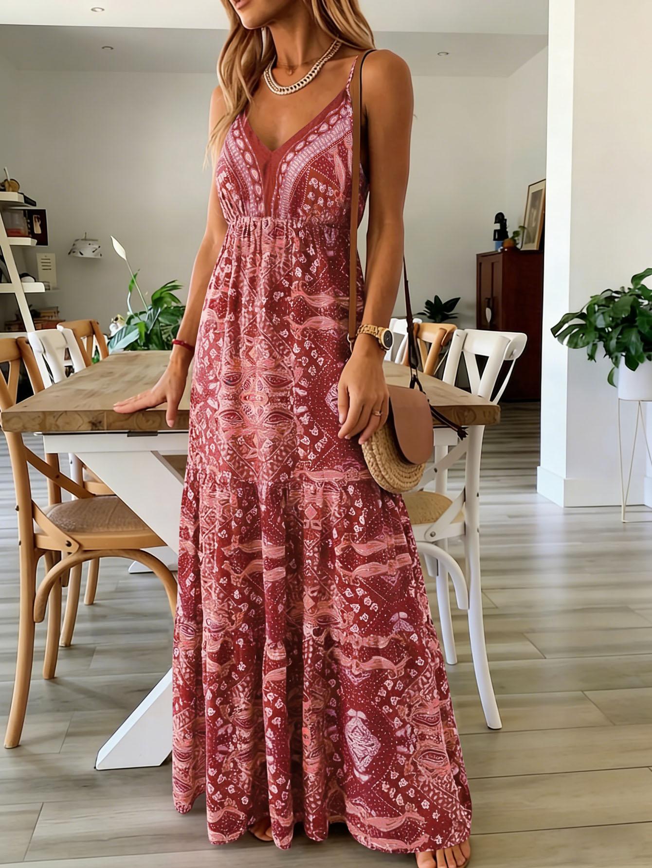 Plus Size Women's Boho Floral Print Spaghetti Strap Maxi Dress, High Waist V Neck Bohemian Long Dress