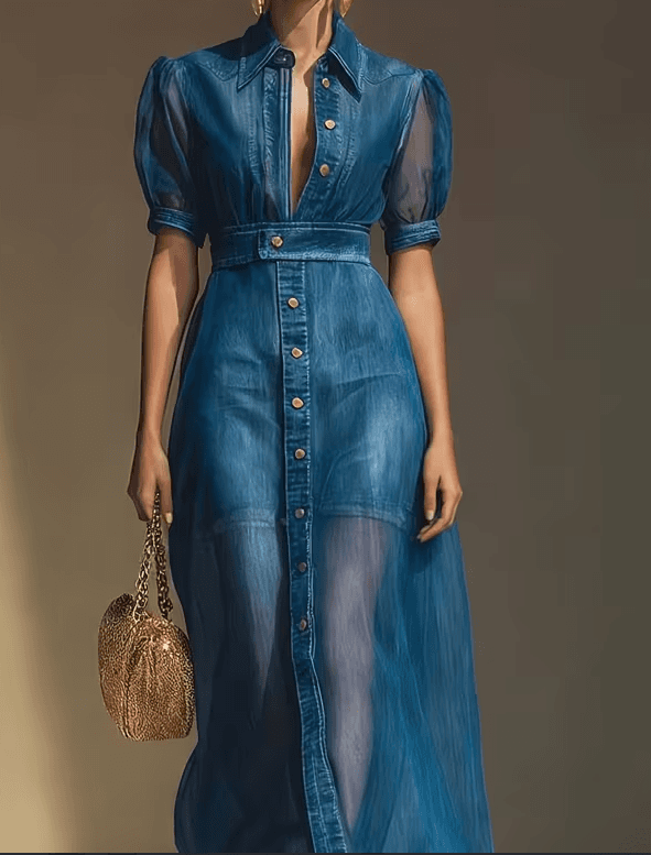 French Retro Bubble Sleeve Waist Cinching Long Skirt