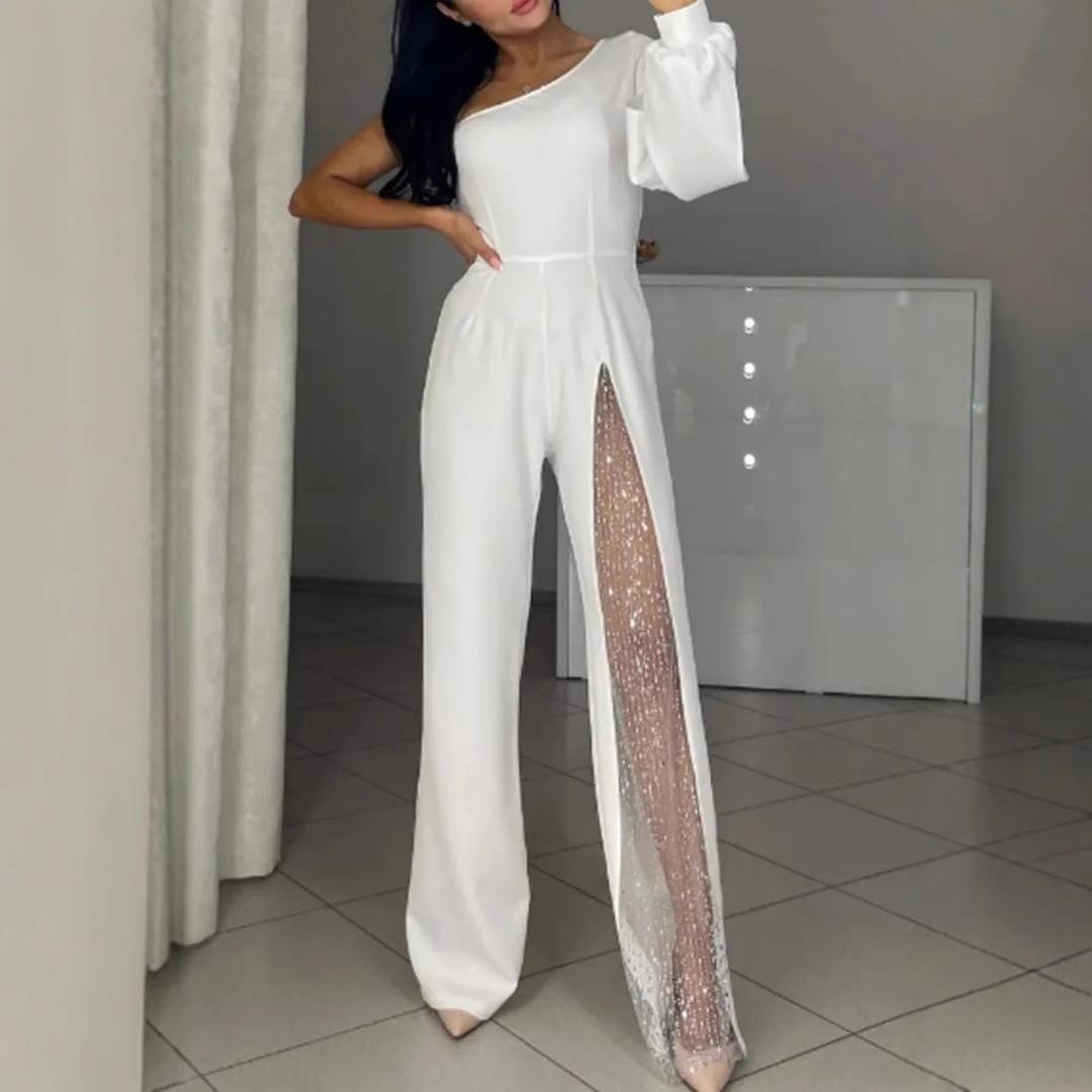 Fall Winter Fashion Sexy Oblique Shoulder High Slit Women's Jumpsuit