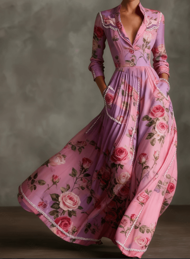 Rose Print V-neck Fitted Waist Flared Dress