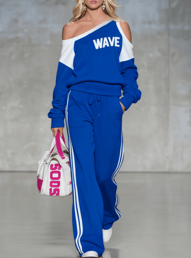 American Street-style Off-shoulder Letter Printed Color-block Hoodie And Wide-leg Pants Casual Sport Two-piece Set