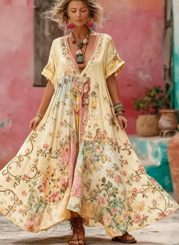 Women's Floral Embroidery Patchwork Art V-Neck Long Dress