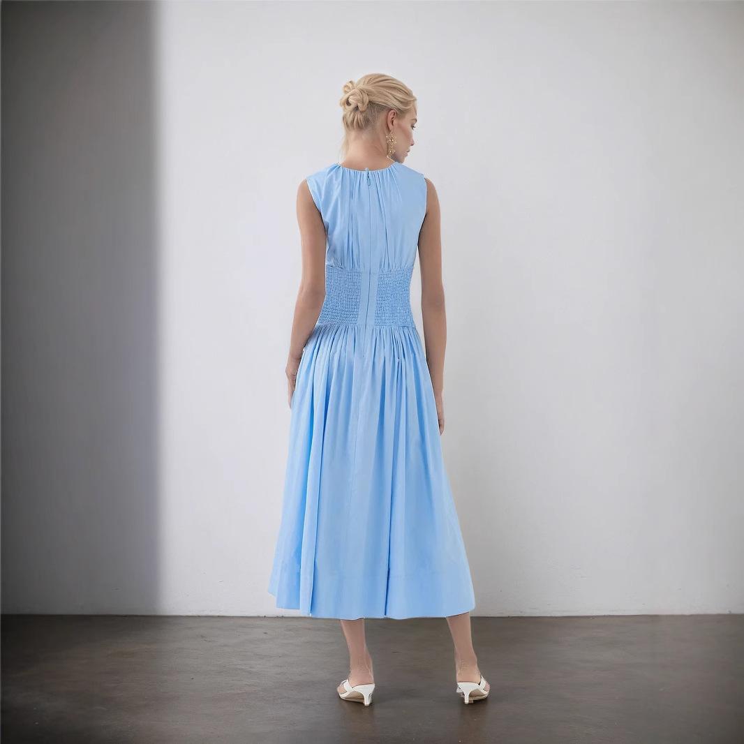Elegant Fresh Round Neck Pleated Women's Dress