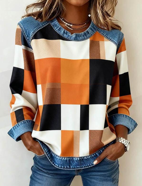 Denim Patchwork Crew Neck Casual Top