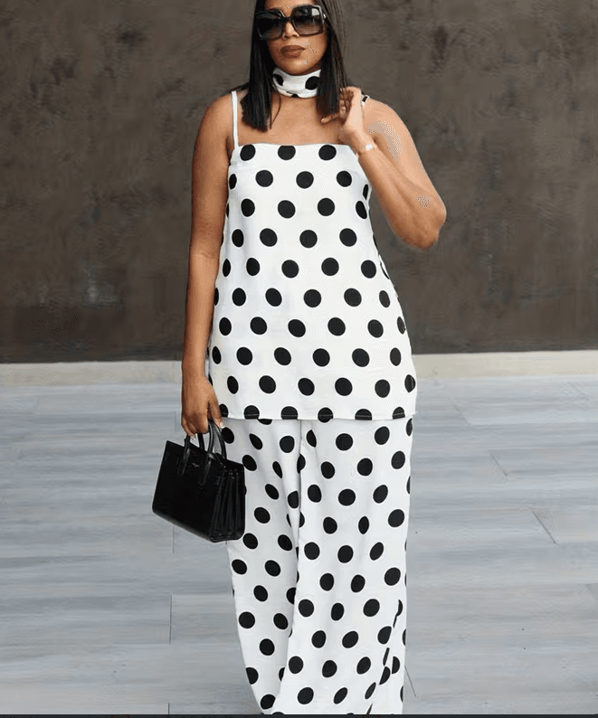Large Size Polka Dot Suspender Wide Leg Pants Set