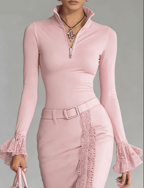 Lace-trimmed Stand-up Collar Zip-up Long-sleeved Top For Women