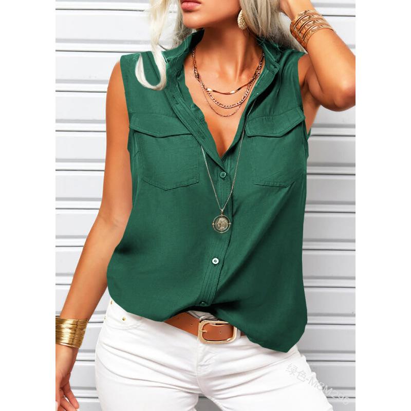 Solid-color Lapel-collar Loose-fit Sleeveless Top With Pockets
