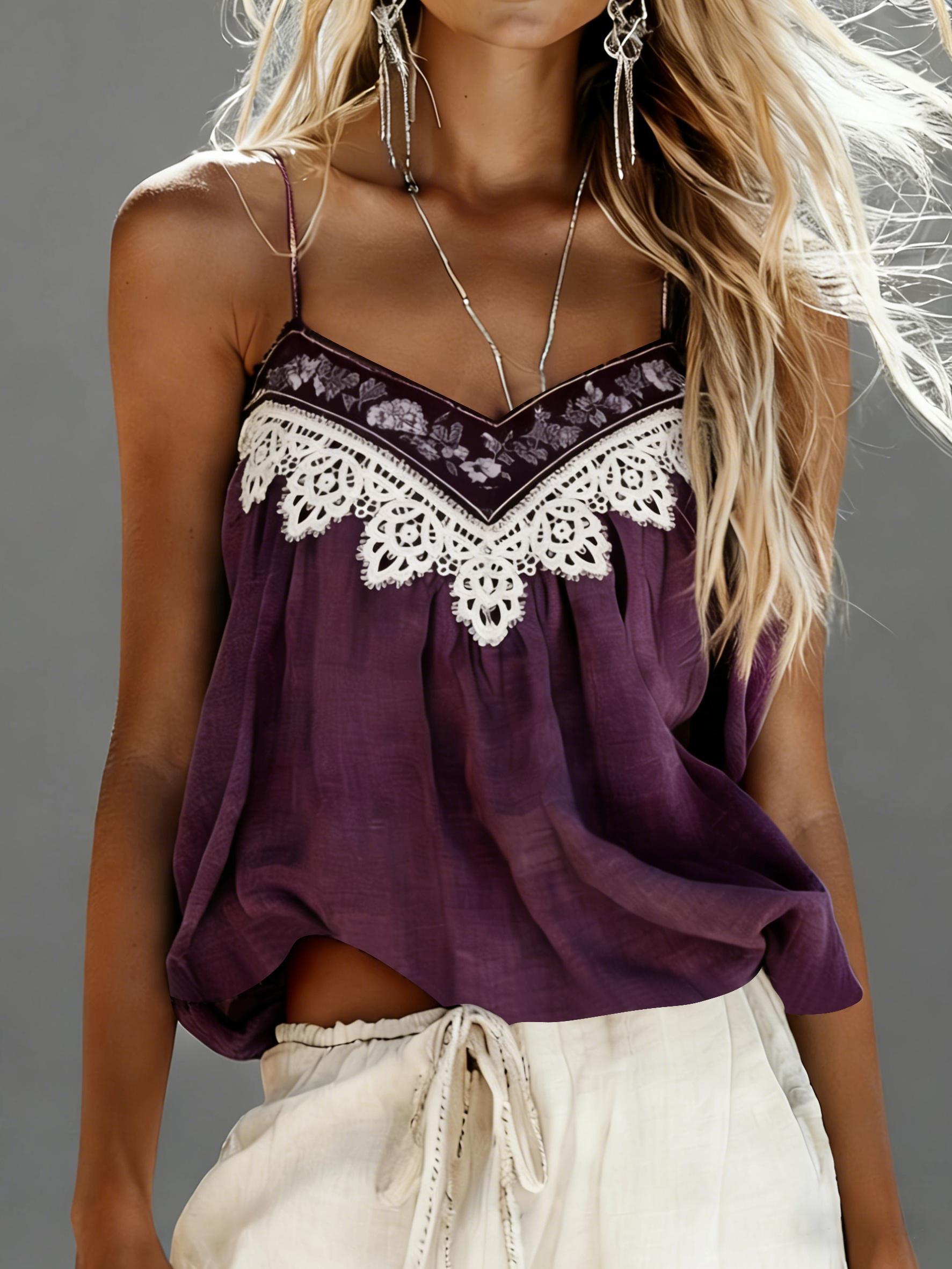 Women's Bohemian Retro Color Block Lace V-Neck Loose Camisole