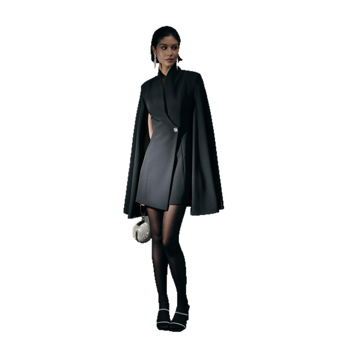 Elegant Cloak Slim Solid Color Single Buckle Dress