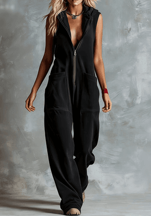 Hooded Sleeveless Zipper Loose Wide-leg Jumpsuit