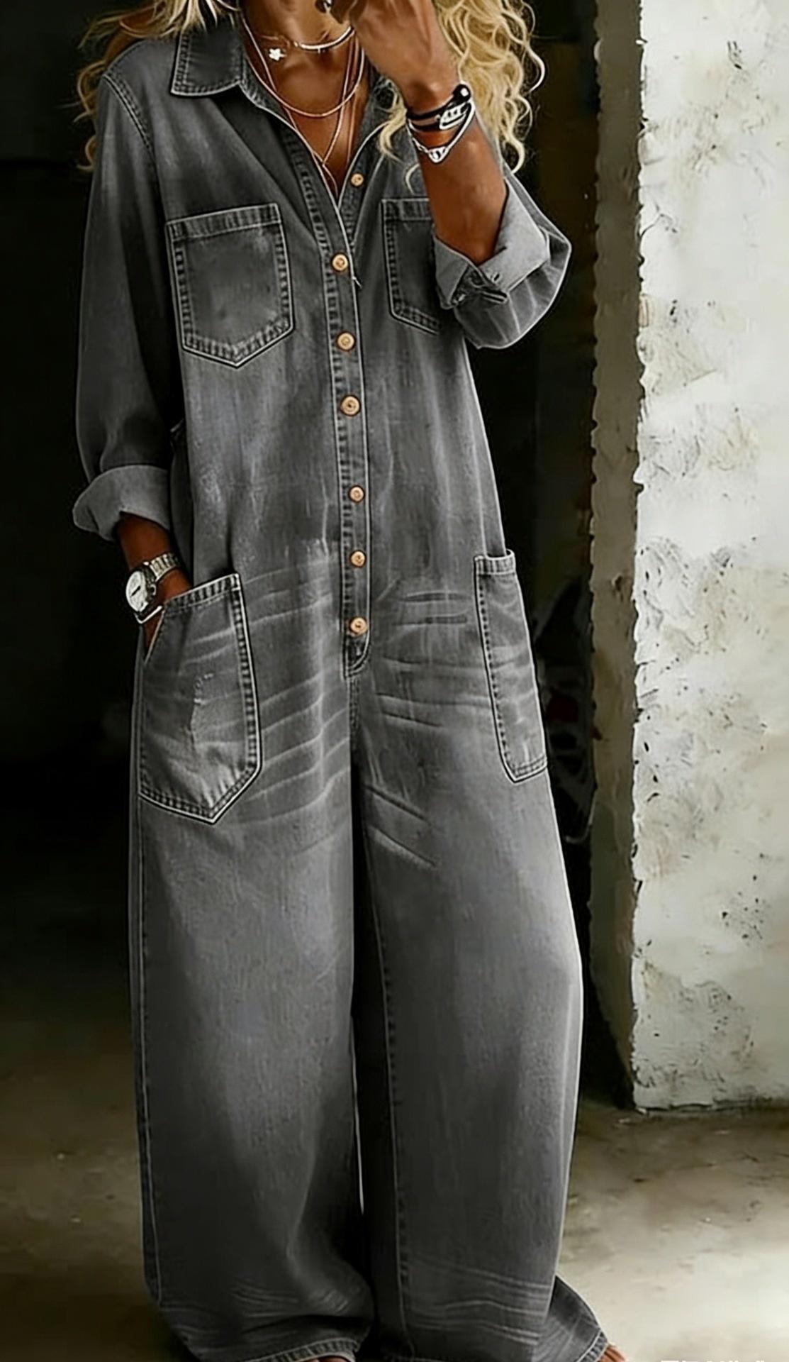 Womens Stylish Sexy Single-breasted Blouse-style Loose Jumpsuit