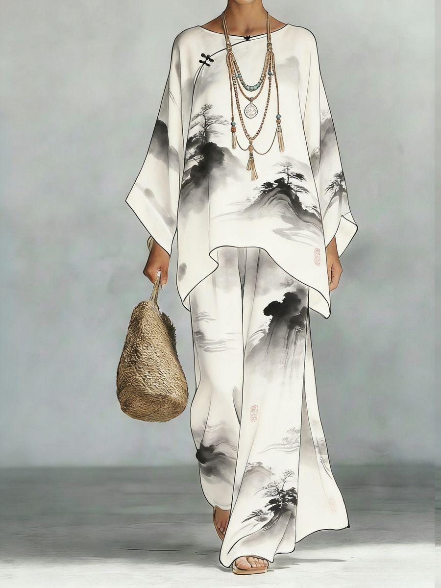 Women's Floral Print Linen Wide-Leg Two-Piece Set