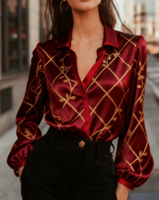 Urban Light Luxury Style Red-Edged Color-Block Puff Sleeve Shirt For Women