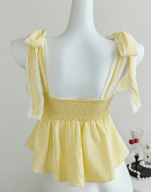 Bow Tie Lace Trim Waist Cinched Peplum Cami Top