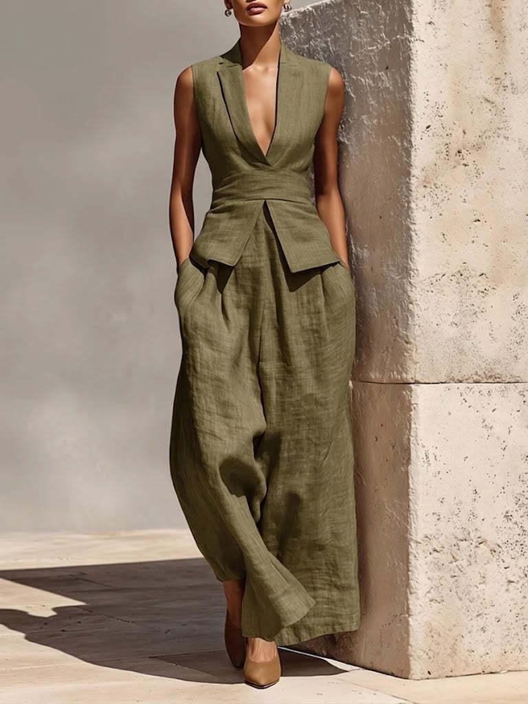 V-neck Sleeveless Tank Top And Casual Long Pants Set For Women