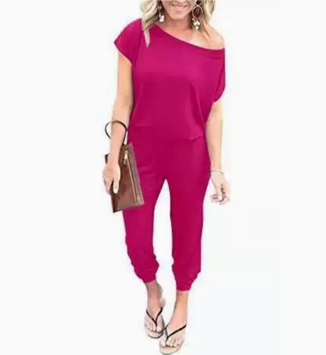 Fashion Slant Shoulder Short Sleeve Pocket Women's Jumpsuit
