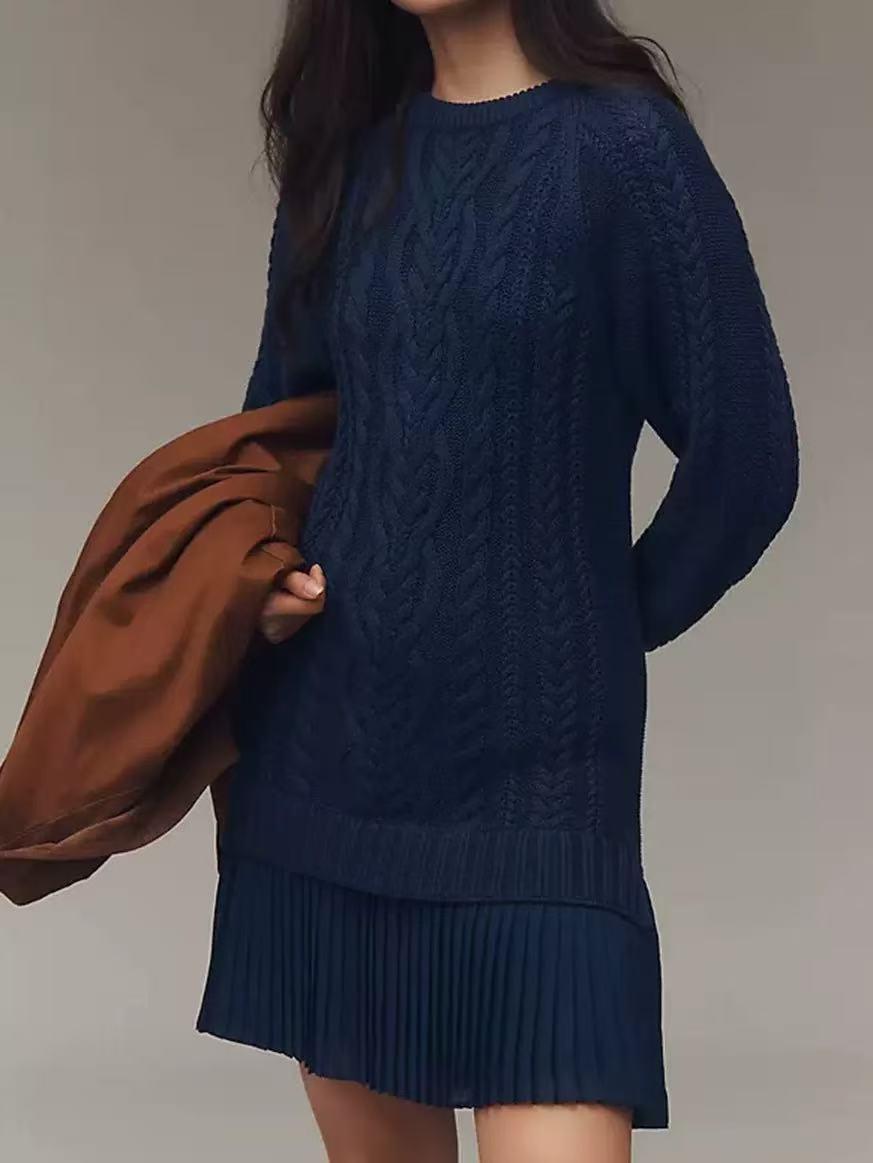 25 Autumn Europe And America Cross Border Amazon Independent Station AliExpress Solid Color Knitted Long Sleeve Pullover Stitching Pleated Dress