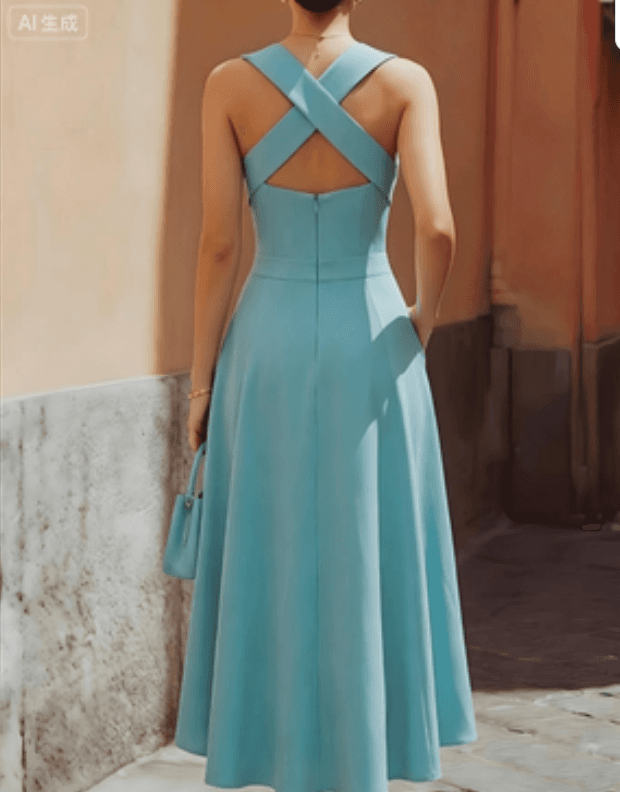 Lake Blue Cross Hanging Neck And Waist A-line Medium Length Dress