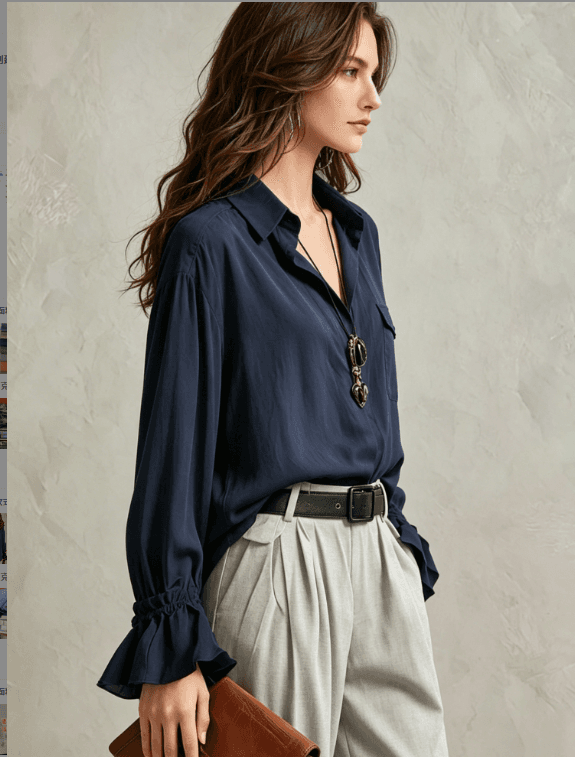 Tibetan Blue Hanging Collar With Black Fungus Edge And Flared Sleeves, Loose Commuter Shirt