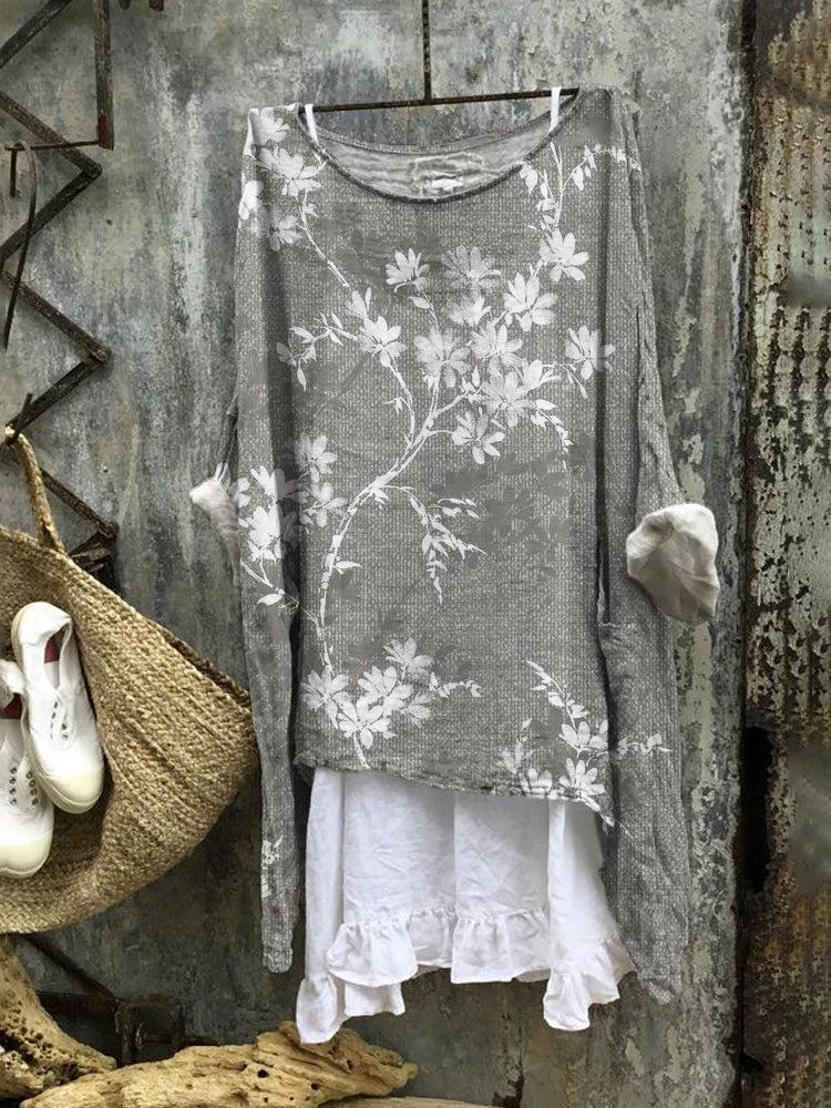 Casual Long Sleeve Loose 3D Digital Printing Women Round Neck Pullover T-shirt