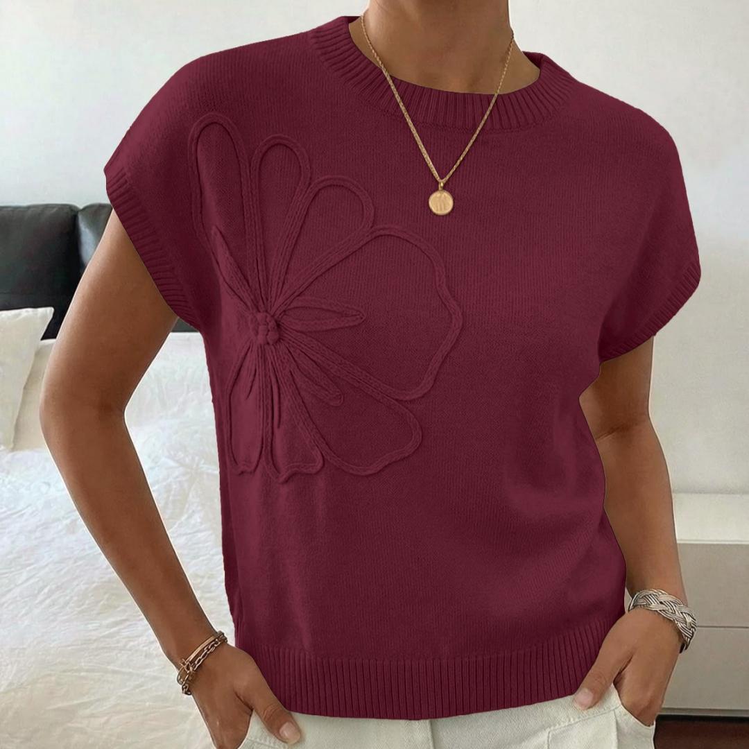 Solid-color Jacquard Womens Knitted Short-Sleeve Flower Sweater
