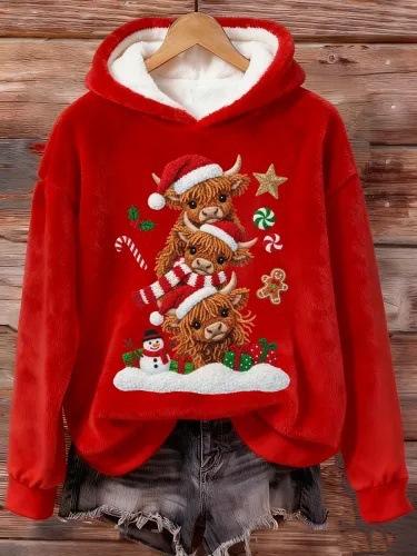 Womens Flannel Christmas Crew-Neck Long-Sleeve Top
