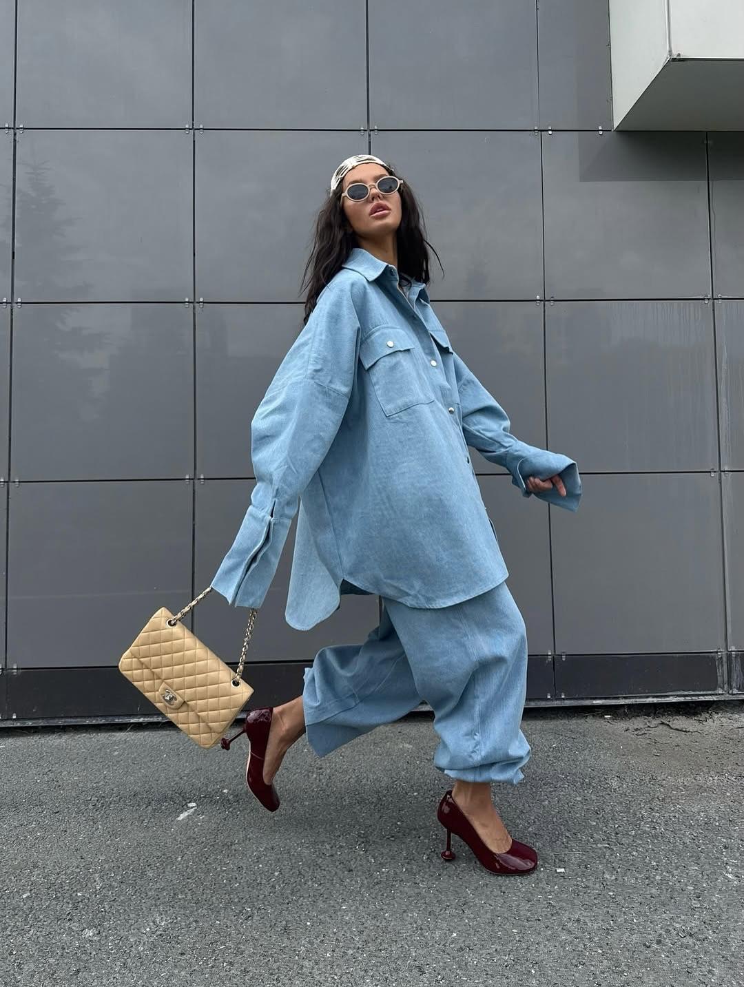 Light Blue Denim Oversized Shirt And Baggy Pants Set