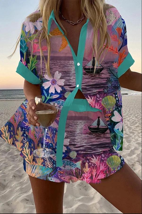 Women's Beach 3D Printed Shirt And Shorts Set
