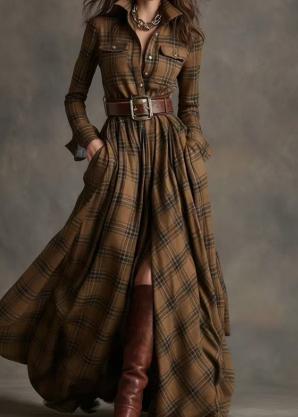 Ins Plaid Print Long-Sleeved Dress Fashion Pockets Collared Buttons Shirt Long Dresses Retro Women's Clothing