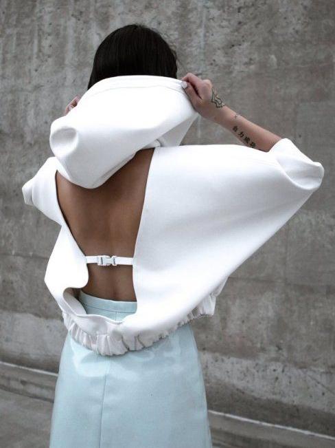 White Oversized Hoodie With Open Back Detail And Dramatic Sleeves
