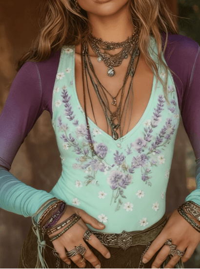 Color-blocked Floral Print Deep V-neck Slim-fit Long-sleeved Top For Women, Bohemian Style Base Layer.